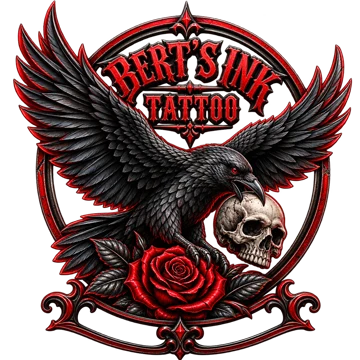 Bert's Ink Tattoo crest: a raven with a skull and a red rose