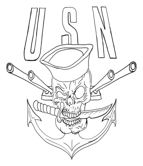 Line drawing of a skull in a sailor cap over an anchor, under the letters U S N