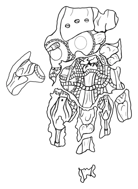 Line study of separate pieces of armour laid out