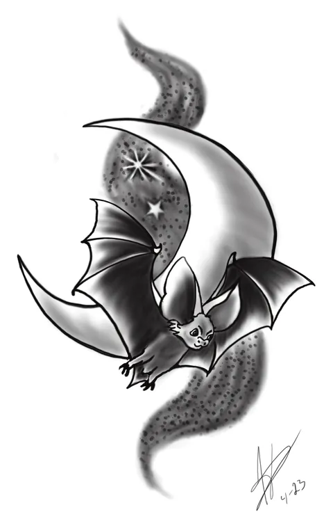 Shaded drawing of a bat in front of a crescent moon with stars