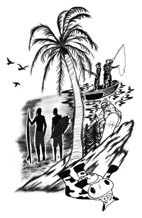 Shaded beach scene with surfers, a palm, a fishing boat and a sea turtle