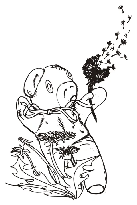 Line drawing of a stitched teddy bear blowing the seeds off a dandelion