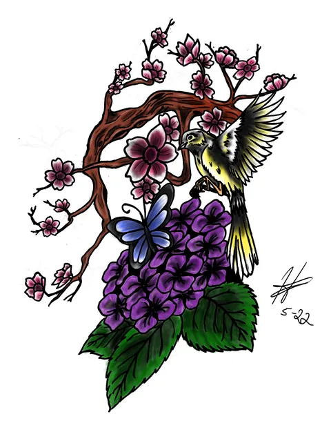 Colour drawing of a yellow bird on a cherry blossom branch above purple hydrangea and a blue butterfly