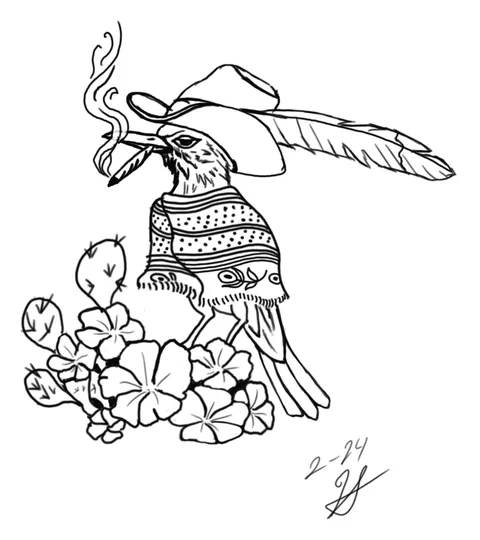 Line drawing of a bird in a feathered hat sitting over open blossoms