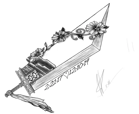 Shaded drawing of a blade wrapped in flowers with two dates lettered along it