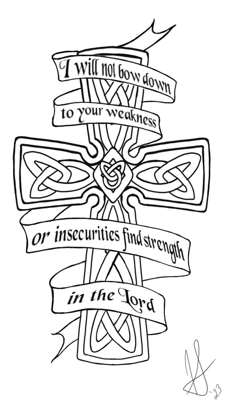Line drawing of a Celtic cross wrapped in banners of script