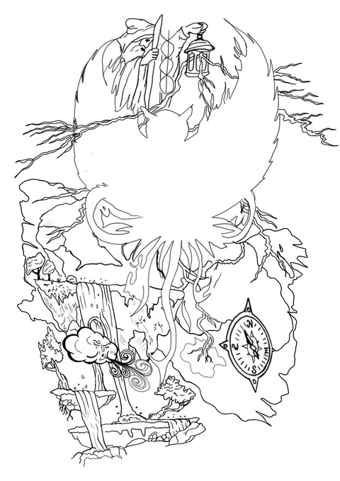 Light pencil sketch of a landscape and a compass inside a circle