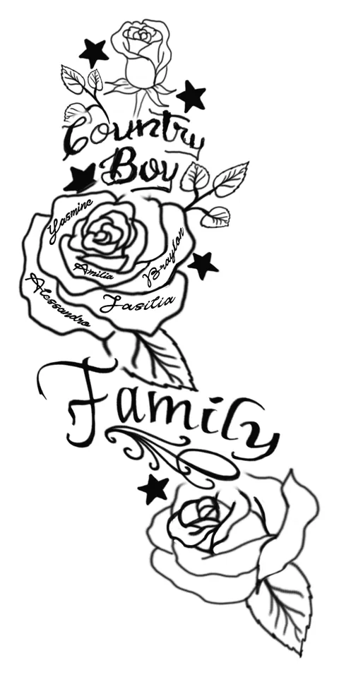 Line drawing of roses and stars with the words Country Boy and Family in script, and names lettered along the stems