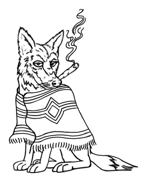 Line drawing of a coyote wrapped in a patterned blanket