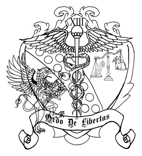 Line drawing of a crest with an eagle, a caduceus and a set of scales above a lettered banner