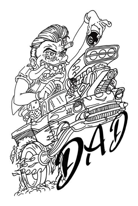 Line drawing of a rider on a hot rod with the word Dad lettered below