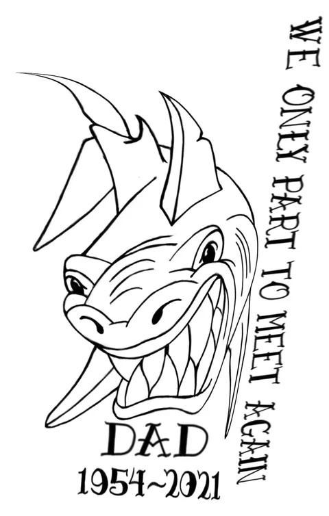 Line drawing of a snake with the words We only part to meet again and a memorial date for Dad