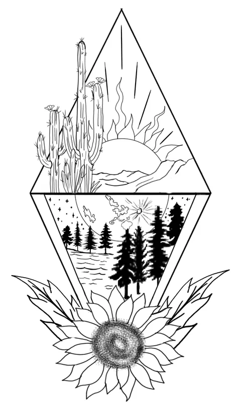 Line drawing of a diamond frame holding a saguaro sunset above a pine lake, with a sunflower below