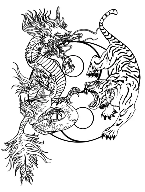 Line drawing of a dragon and a tiger circling each other