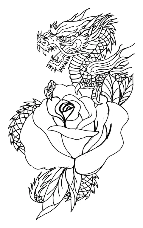 Line drawing of a dragon coiled around an open rose