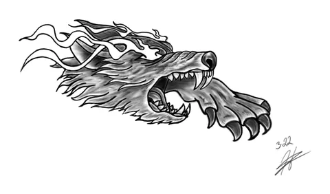 Shaded drawing of a dragon head breathing smoke