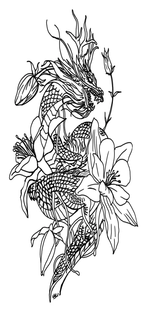 Line drawing of a dragon coiled through lilies and long leaves