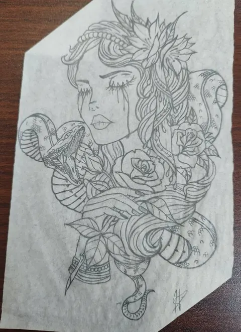 Pencil drawing on tracing paper of a woman with flowers in her hair, a snake and roses