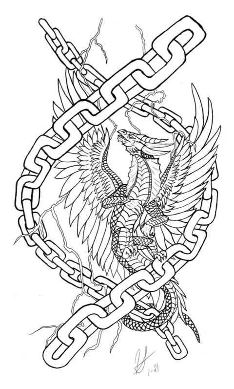 Line drawing of an eagle and a dragon fighting inside a heavy chain