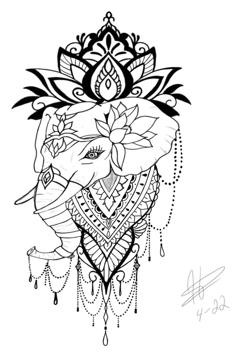 Line drawing of an elephant head crowned with a lotus and hanging jewels
