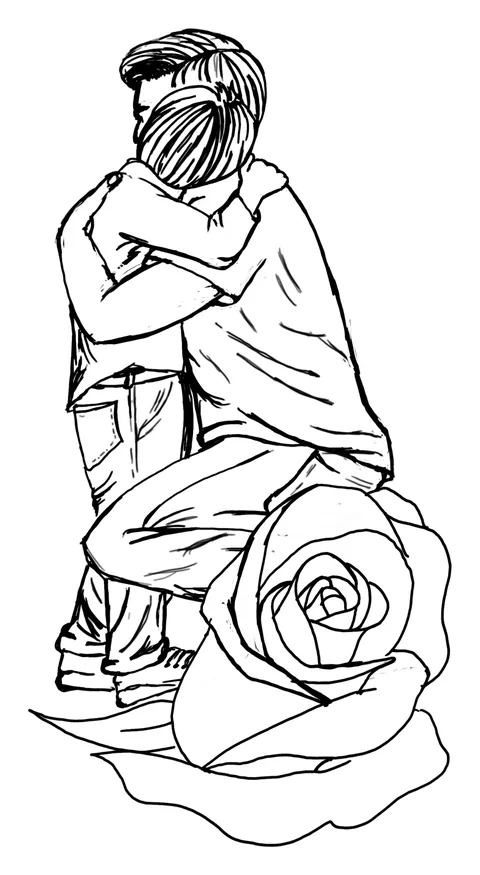 Line drawing of two people holding each other above an open rose