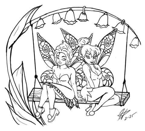 Line drawing of two fairies sitting on a flower swing