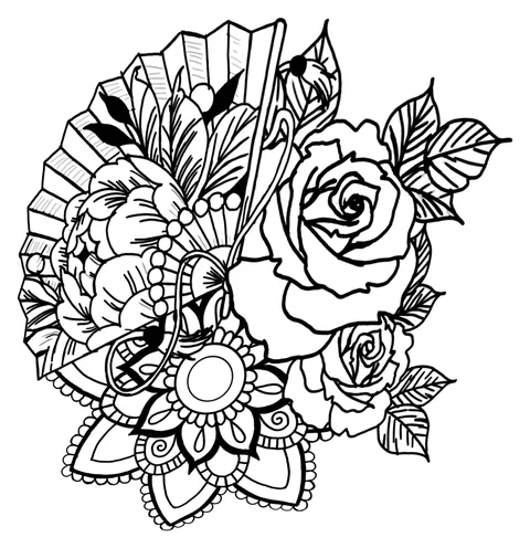 Line drawing of a folded fan behind roses, a peony and a mandala worked in beadwork