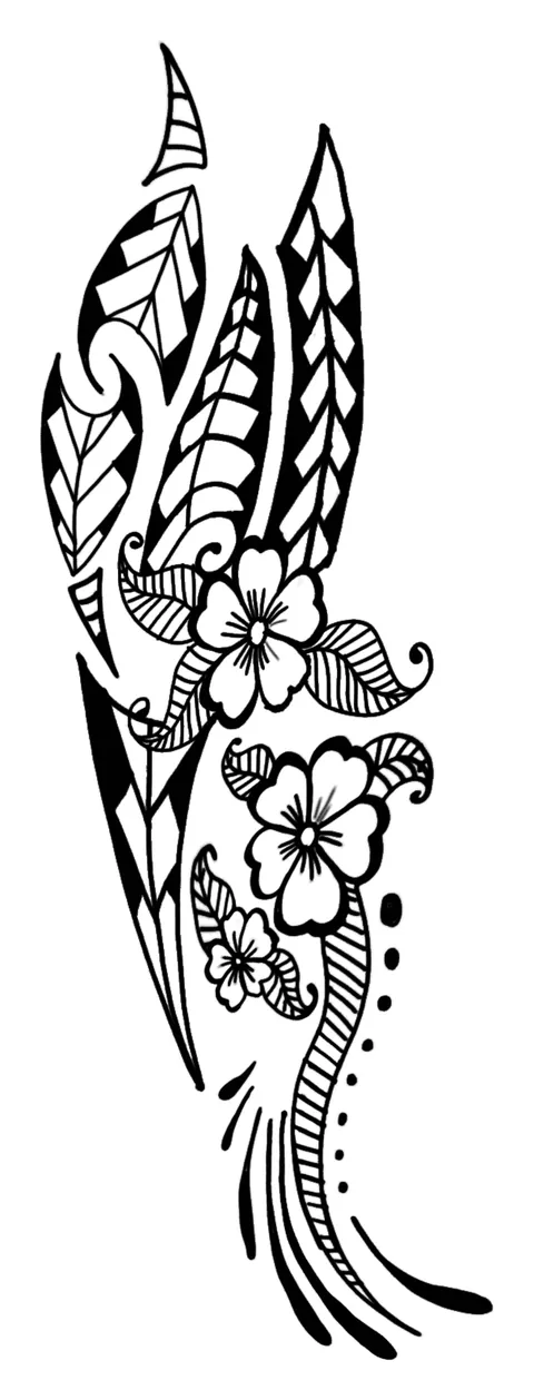 Line drawing of patterned feathers with hibiscus flowers