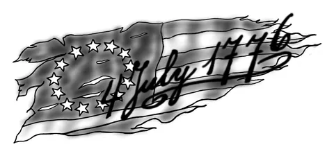 Shaded drawing of a thirteen star flag with the date 4 July 1776 across it