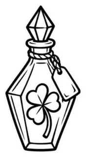 Flash line drawing of a gem stoppered potion bottle with a four leaf clover and a tag
