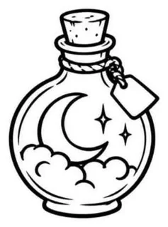 Flash line drawing of a round potion bottle with a crescent moon over clouds