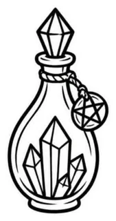Flash line drawing of a gem stoppered potion bottle holding crystals, a pentagram charm