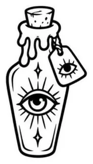 Flash line drawing of a dripping wax potion bottle with an eye and an eye tag