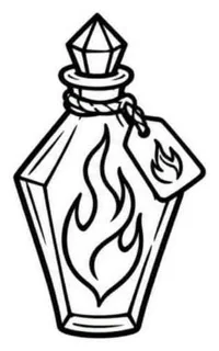 Flash line drawing of a gem stoppered potion bottle with a flame and a flame tag