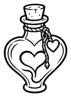Flash line drawing of a heart shaped potion bottle with a heart inside and a heart tag