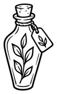 Flash line drawing of a corked potion bottle with a leafy sprig and a leaf tag