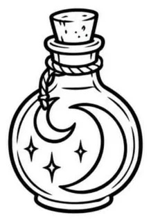 Flash line drawing of a round potion bottle with a crescent moon and stars