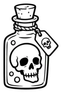 Flash line drawing of a corked potion bottle with a skull inside and a skull tag