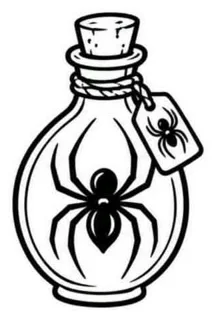 Flash line drawing of a round potion bottle with a spider and a spider tag