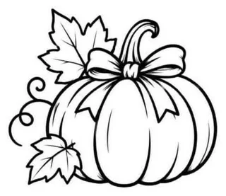 Flash line drawing of a pumpkin with a bow and fall leaves