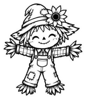 Flash line drawing of a smiling scarecrow in a patched hat with a sunflower