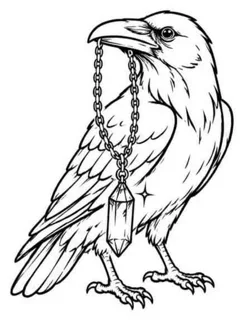 Flash line drawing of a raven holding a chain with a crystal pendant in its beak