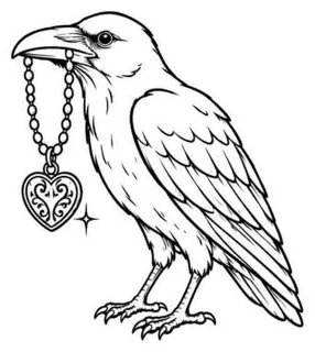 Flash line drawing of a raven holding a chain with a heart locket in its beak
