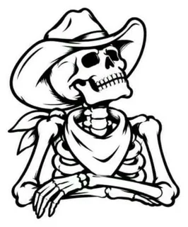 Flash line drawing of a skeleton in a cowboy hat and bandana, arms crossed