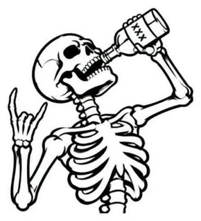 Flash line drawing of a skeleton tipping back a bottle and throwing the horns