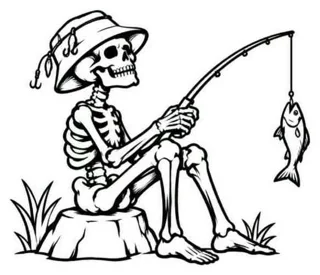 Flash line drawing of a skeleton in a bucket hat fishing from a stump, a fish on the line