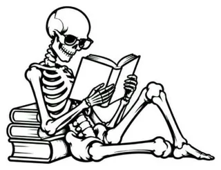 Flash line drawing of a skeleton in sunglasses reading, leaning on a stack of books