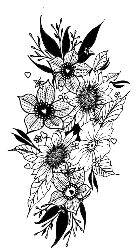 Line drawing of sunflowers and lilies with small hearts hidden among the leaves