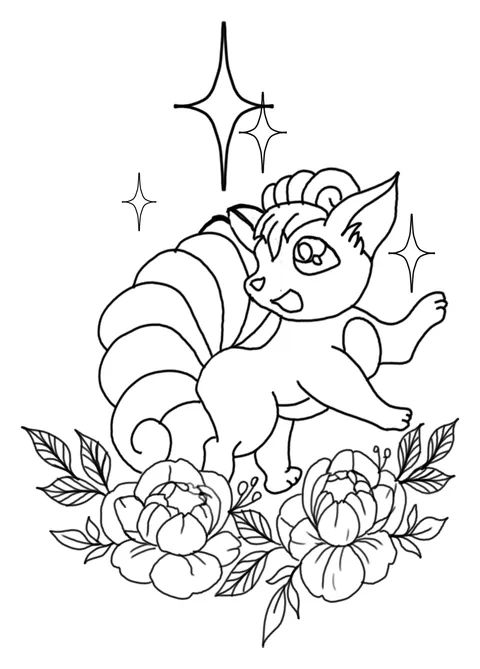 Line drawing of a small many tailed fox standing over peonies and stars