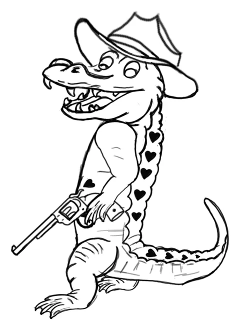 Line drawing of a cartoon alligator in a cowboy hat holding a revolver